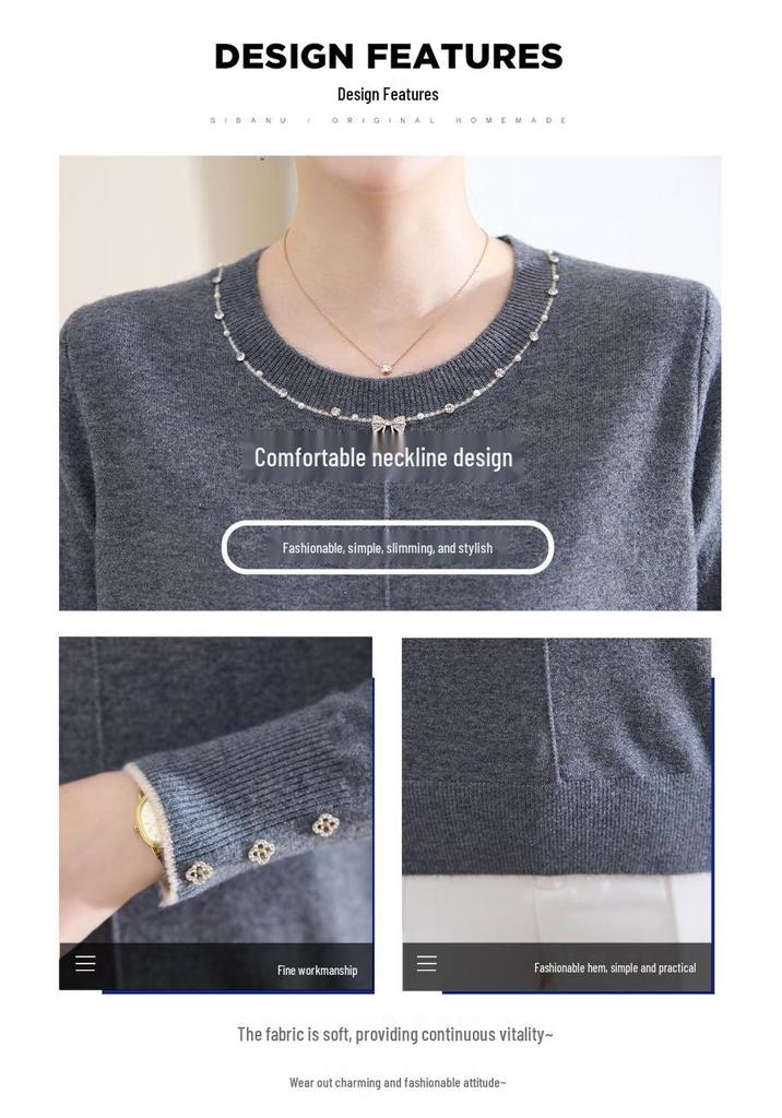 Elegant Round Neck Long Sleeve Knitwear for Middle-Aged Women – Plus Size Spring & Autumn Sweater