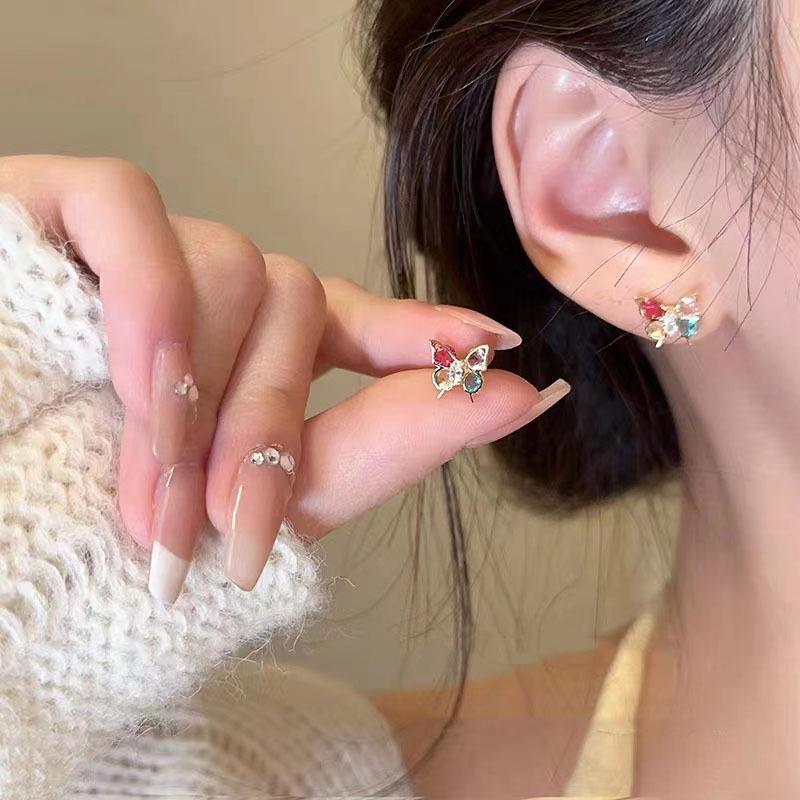 Color Zircon Butterfly Stud Earrings Women's Summer Sweet Temperament Stud Earrings Niche Design Sense Versatile Cute Explosive Earrings