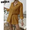 GMXIA Women's Spring and Summer Fashion Solid Colour Long-sleeved Shirt Suit Women Casual Loose Shorts Two-piece Set