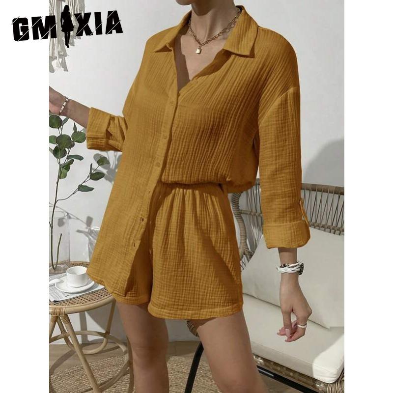GMXIA Women's Spring and Summer Fashion Solid Colour Long-sleeved Shirt Suit Women Casual Loose Shorts Two-piece Set