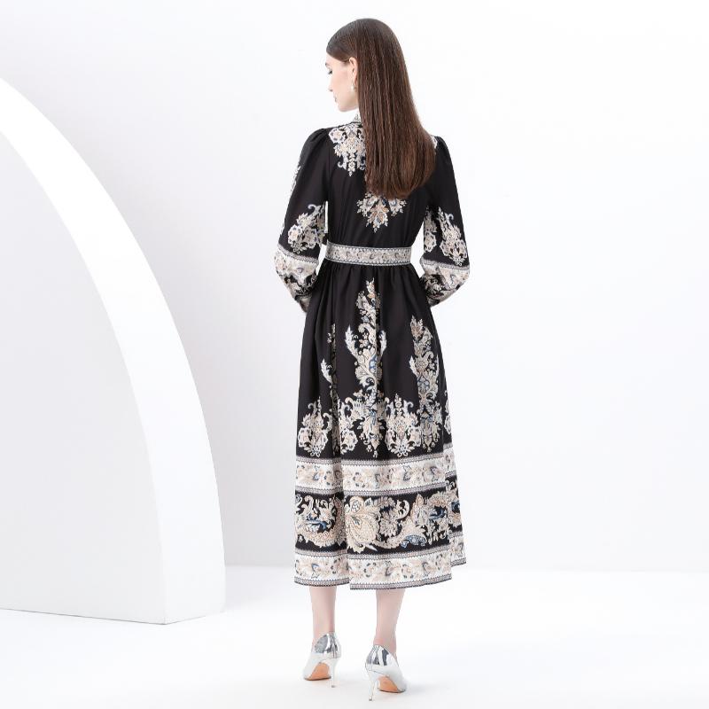 Spring Summer Women Brand Designer Vintage Palace Print Single Breasted Ankle Length Party Shirt Dresses with Belt