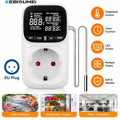 220V LCD Digital Thermostat Heating and Cooling Temperature Controller Socket with Timer Switch and Sensor for Heating and Cooling EU Plug
