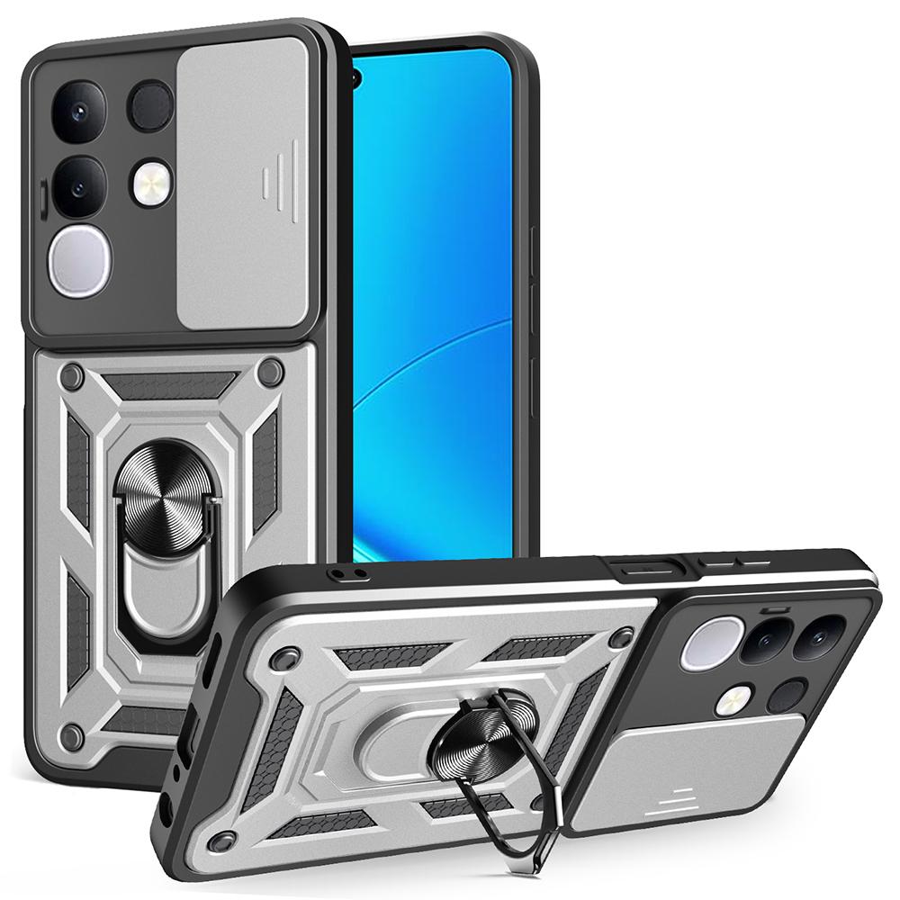 

For vivo Y29 4G Case with Slide Camera Lid PC+TPU Kickstand Phone Cover Silver