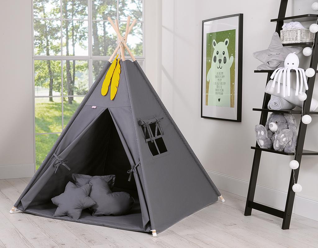 Tipi tent for children + mat + pillows + feather pendants - anthracite