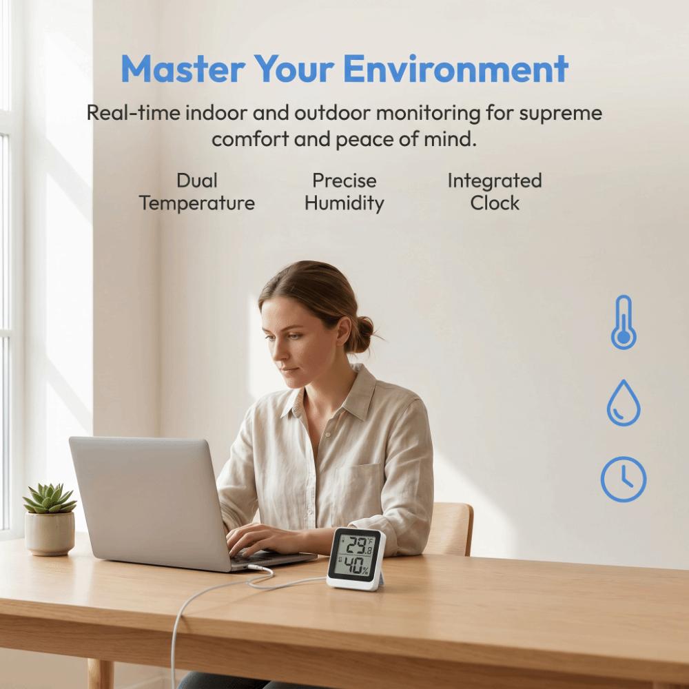 Hanging Desktop Table Clocks LCD Display Dual Temp Digital Humidity Monitor  Indoor Outdoor