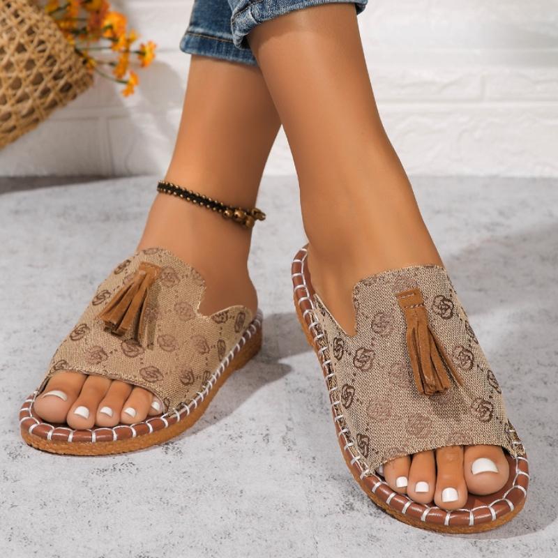 Damen Quasten-Dekor Pantoletten Lässige Slipper Flache Sommerschuhe Leichte Pantoletten