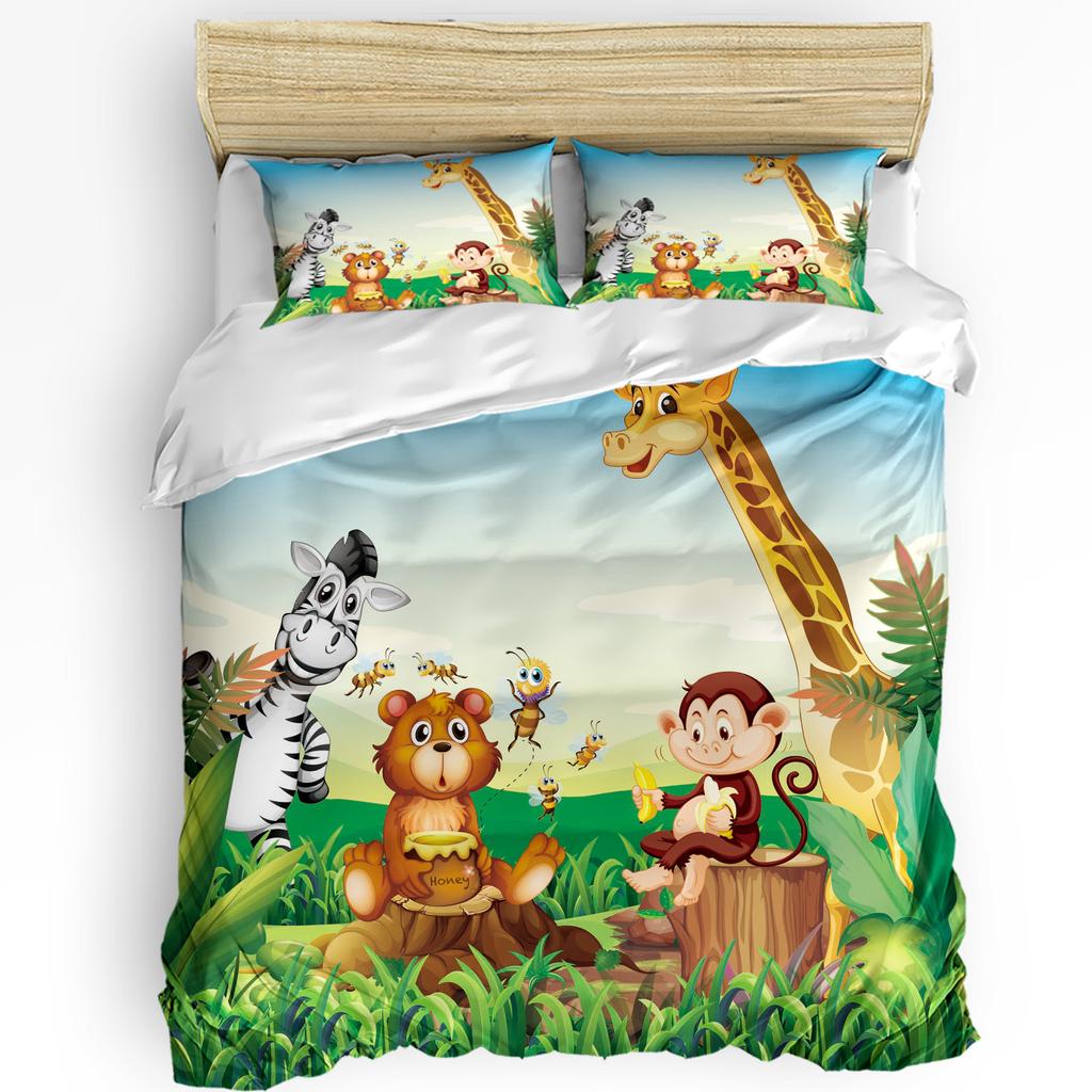 Tropical Jungle Cartoon Animal Giraffe Lion Elephant Duvet Cover Pillow Case Bedding Set Quilt Cover Double Bed Home Textile