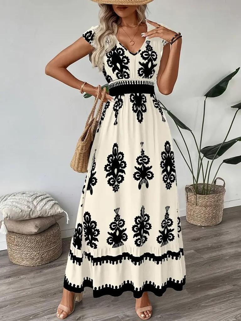 2025 European and American V-neck Waist-Cinching Summer Print Long Dress for Women