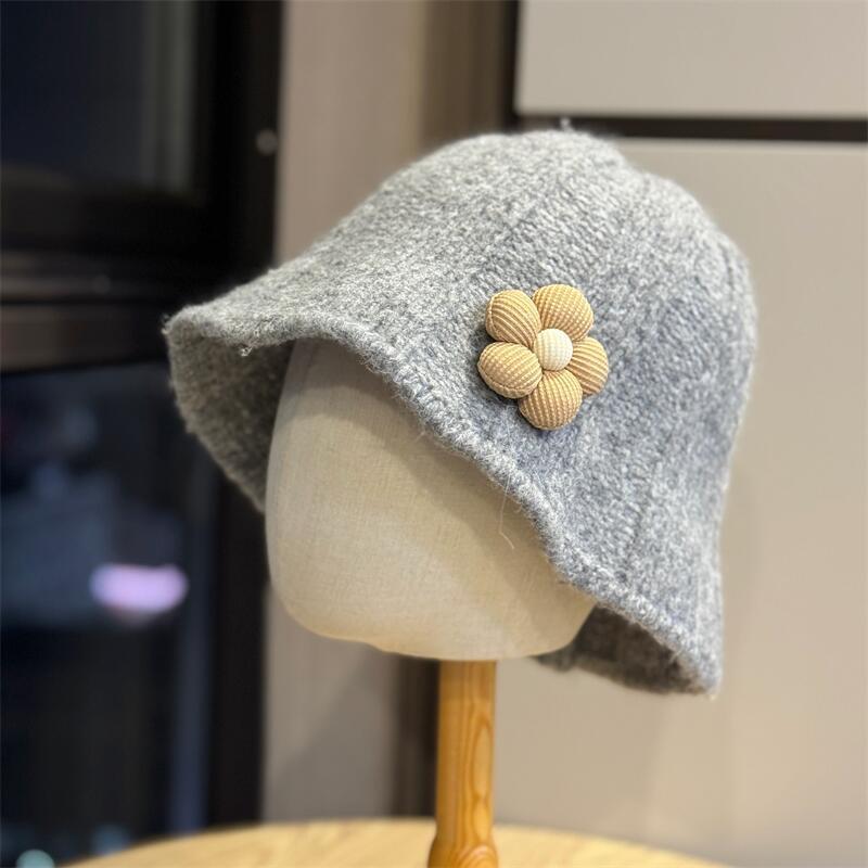 Flower Knitted Versatile Bucket Hat Women Autumn and Winter Show Washbasin Hat Big Head Circumference Warm Bucket Hat Tide