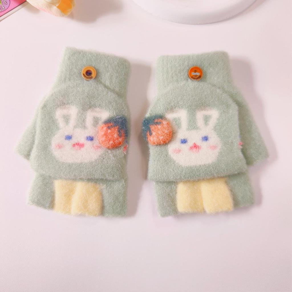 Girls' Cartoon Strawberry Rabbit Flip-Top Gloves - Warm Half-Finger, Autumn/Winter for Kids and Toddlers