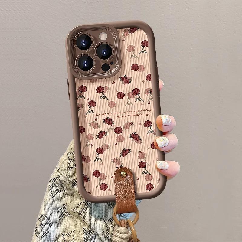 Vertical Pattern Rose for IPhone16 Mobile Phone Case Autumn and Winter for Apple 15 Lanyard 13 Lambskin 14 High-end