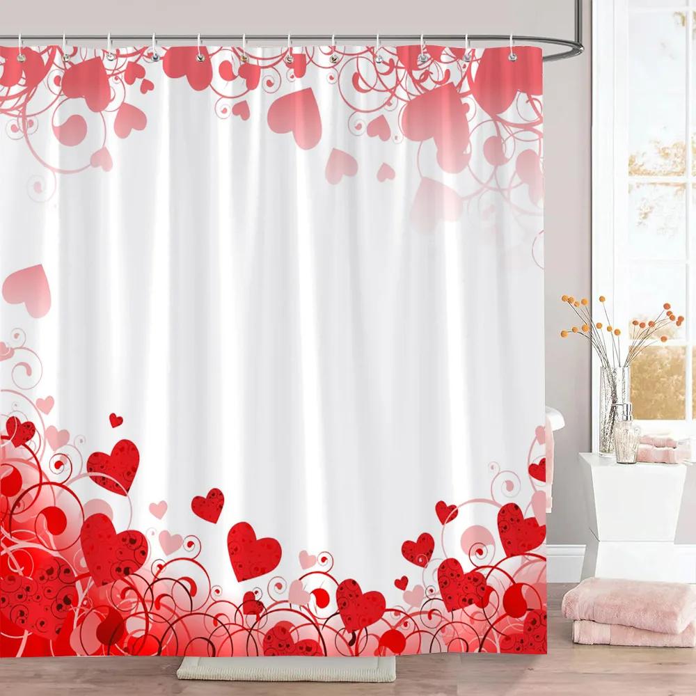 Pink Heart Shower Curtain Holiday Gift Geometric Lines Simple Modern Polyester Fabric Shower Curtains Bathroom Decor with Hooks