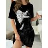 Women's Artistic Angel and Cat Print Short-sleeved T-shirt Dress