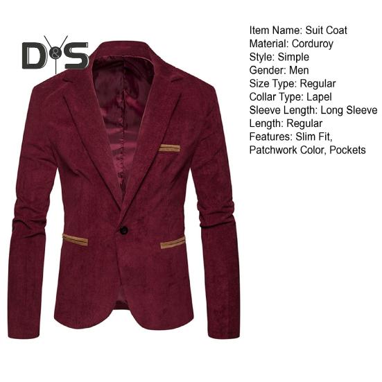 Men Corduroy Suit Coat Lapel Long Sleeve Patchwork Color Suit Jacket with Pockets Single Button Business Outwear Workwear