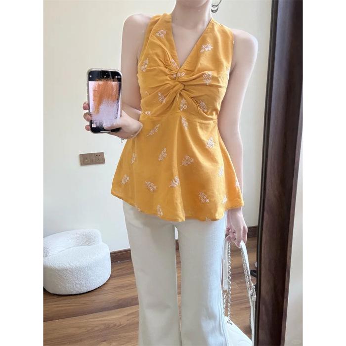 

Korean Style V-neck Twist Sleeveless Halter Top - Slimming Printed Cropped Wear for Women XL (recommended 60-65 kg) жёлтый