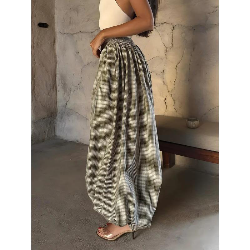 Bornladies Women's Retro Brown Lantern Pants High Waist Trendy Loose Fit Plaid Spring Summer Fashion Trousers