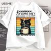 Funny Coffee Cat TShirt Summer Cotton Short Sleeve Cat Mama T Shirt Coffee Lover Tee Shirt Retro Cat T Shirt Unisexs Clothes