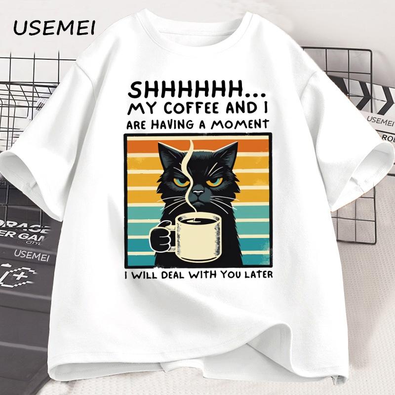 Funny Coffee Cat TShirt Summer Cotton Short Sleeve Cat Mama T Shirt Coffee Lover Tee Shirt Retro Cat T Shirt Unisexs Clothes