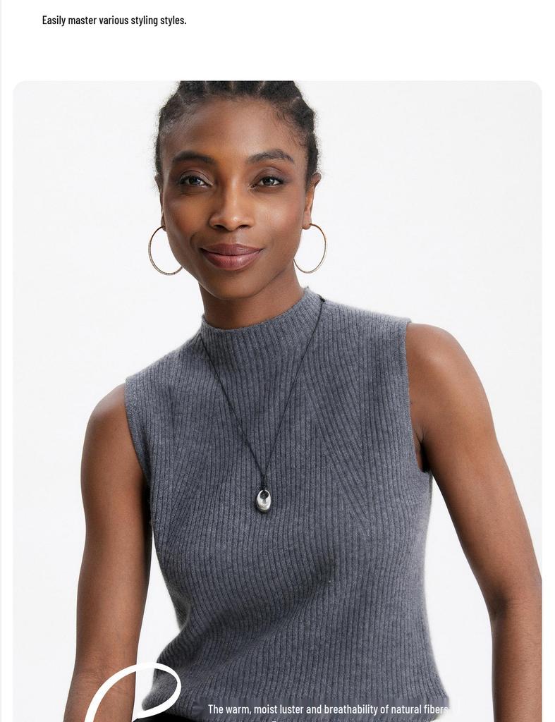 Lekasha Women's Cashmere Sleeveless Slim-Fit Sweater, Spring/Summer Wool Knit Base Layer, Half-High Neck.