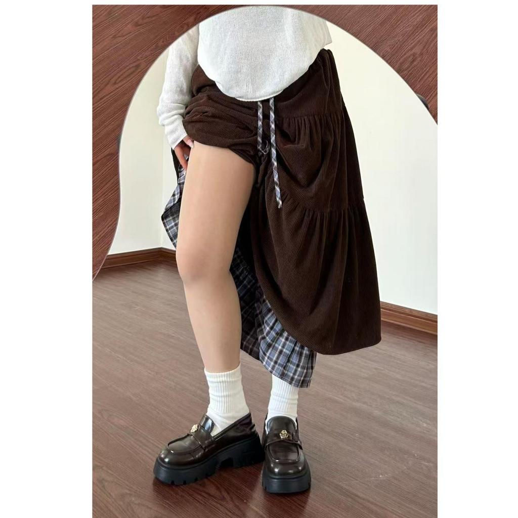 Women's Brown Corduroy Plaid A-Line Skirt - Spring/Autumn Patchwork Mid-Length, Slimming Cake Design