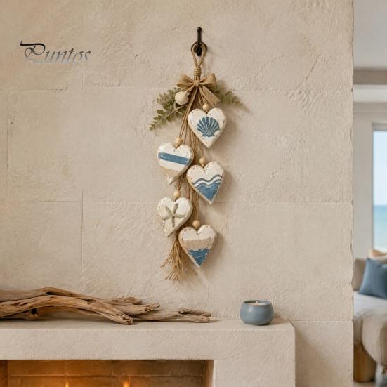Decorative Living Room Art Farmhouse Hanging Heart Wall Decor with 5 Layer Wooden Hearts, Vintage Boho Wood Natural Accent Trinket Shelf for Bedroom,