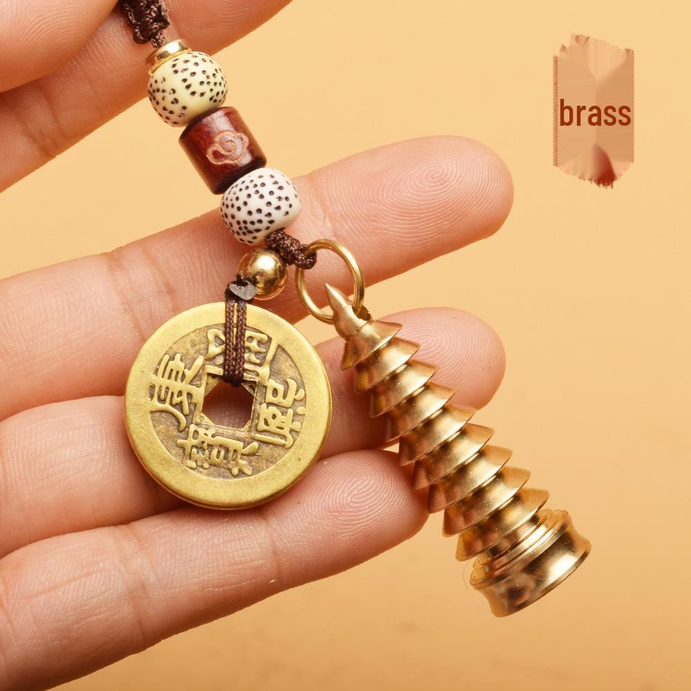 Brass Wenchang Tower & Five Emperors Coin Gourd Keychain 