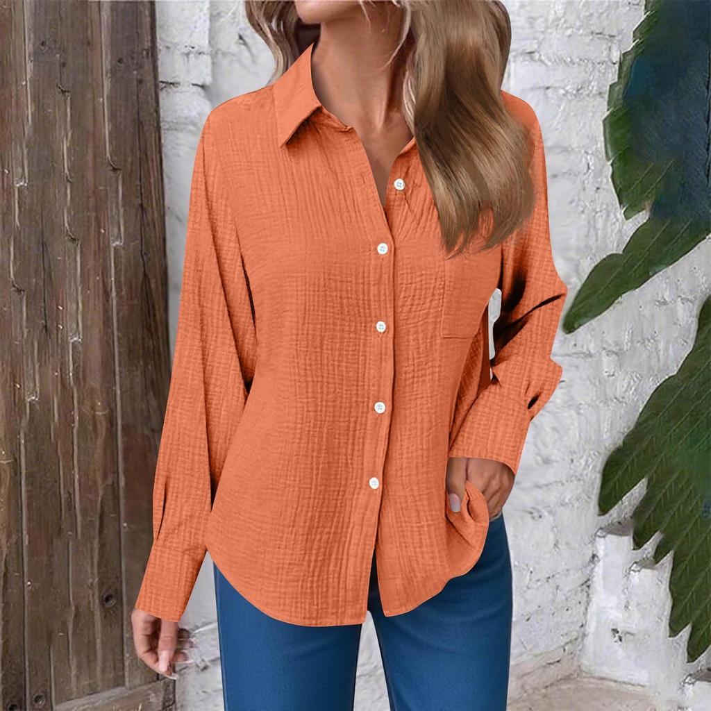 Women's Fashion Casual Solid Color Split Button Long Sleeve Shirt Top