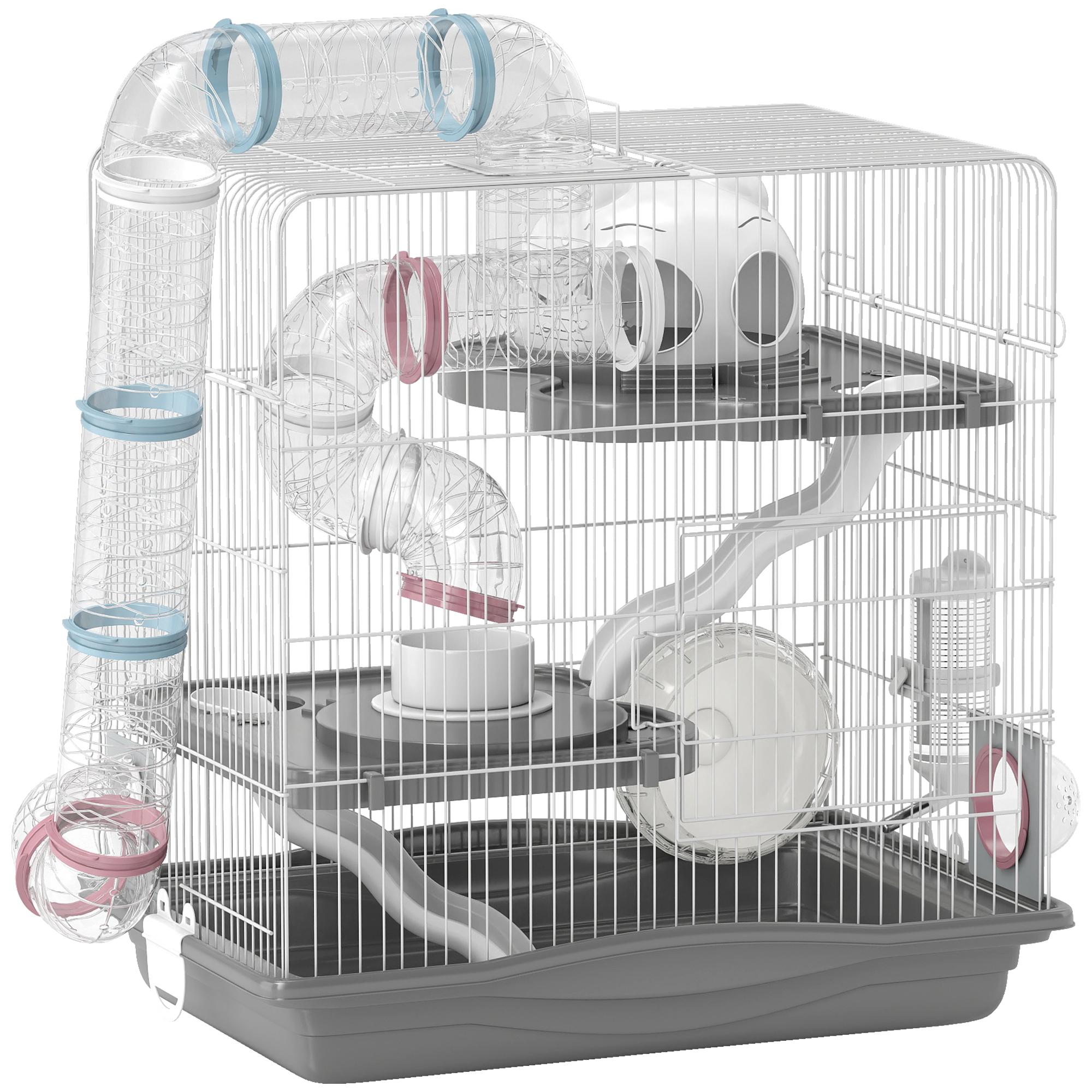 Cage Hamster 3 Niveaux Avec Roues d'Exercice Bouteille d'Eau Gamelle Pour Hamsters Nains 45 X 30 X 45 Cm Gris