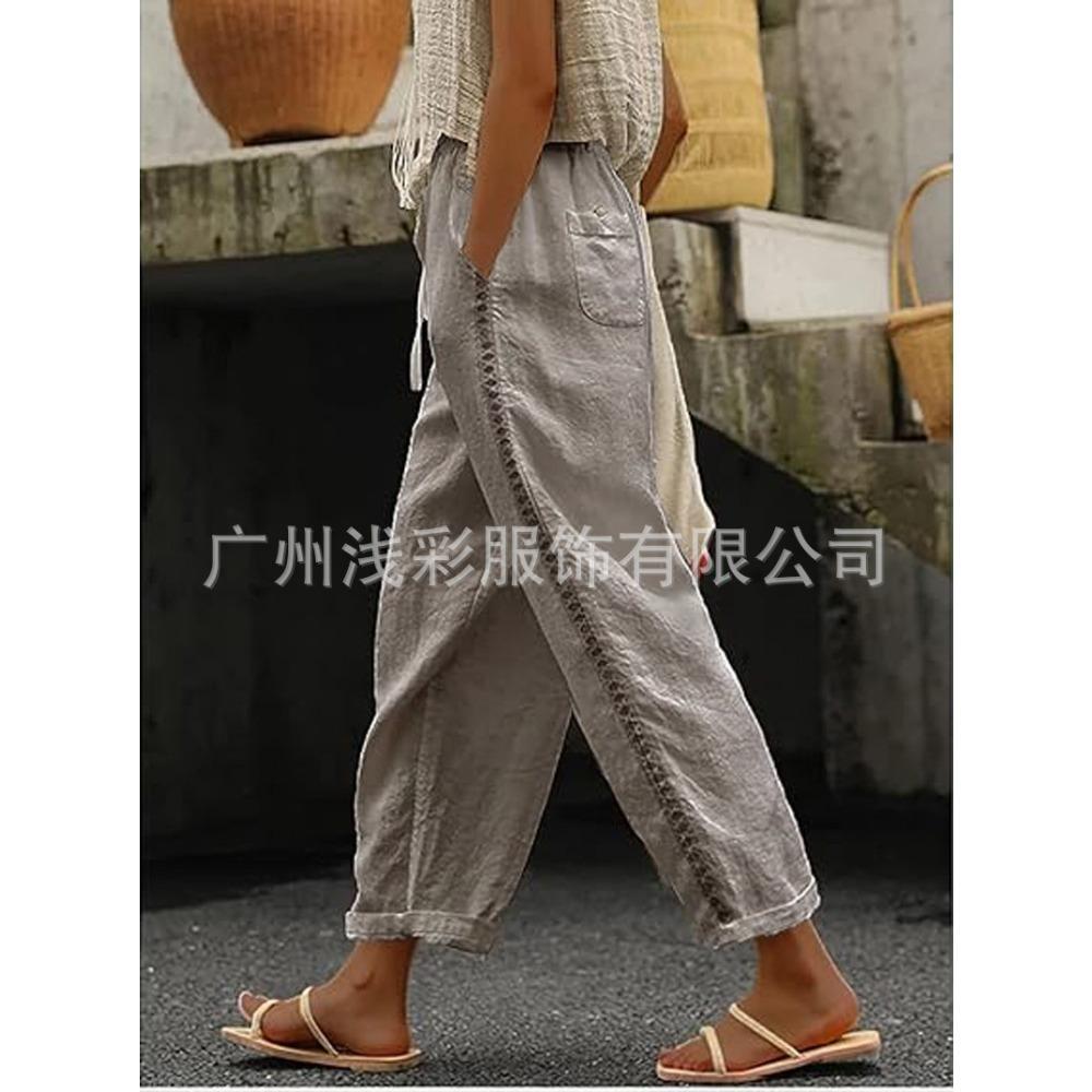 

100% Cotton,Plus Size Women Hollow Out Splicing Long Pants, Elastic Waist Loose Straight Leg Trousers, Casual Vacation Style Daily Bottoms M хакі