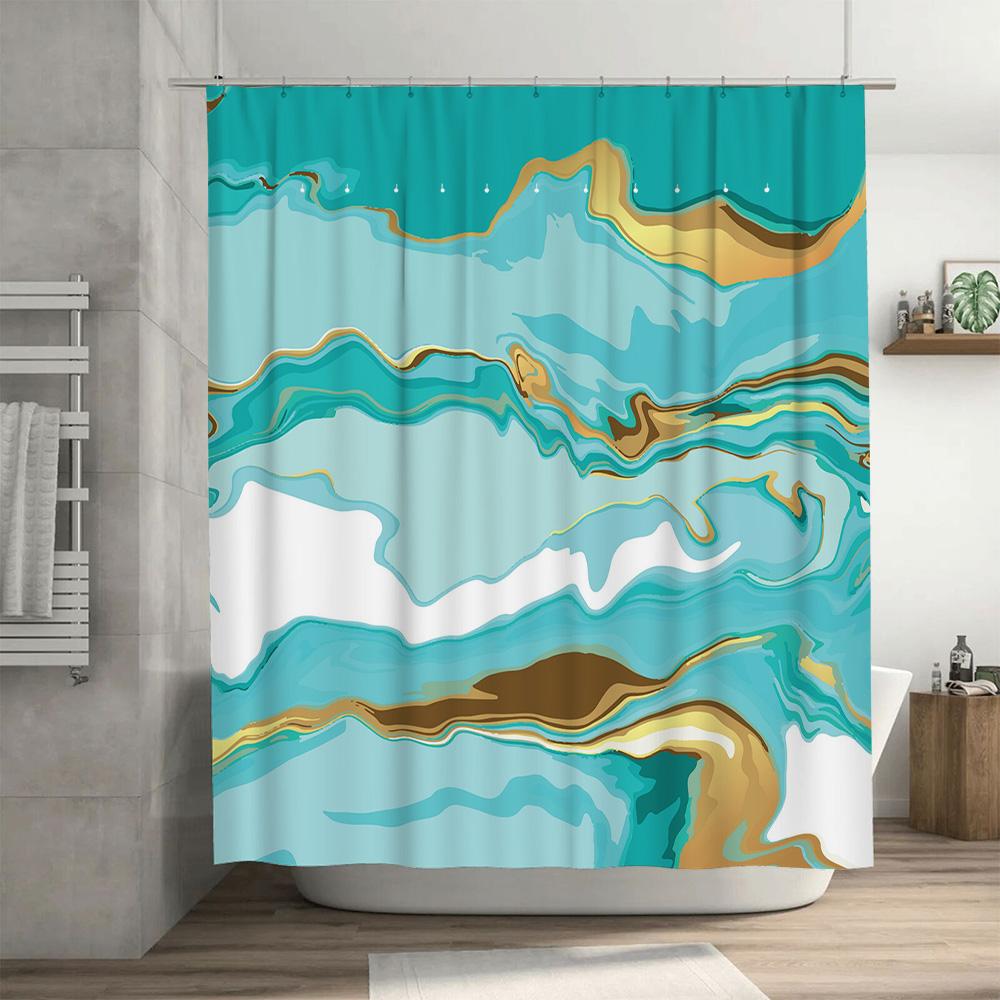Modern Blue Gold Marbled Shower Curtain For Bathroom Decor 72X84 Inch Shabby Chic Bath Linens With Rod Pocket