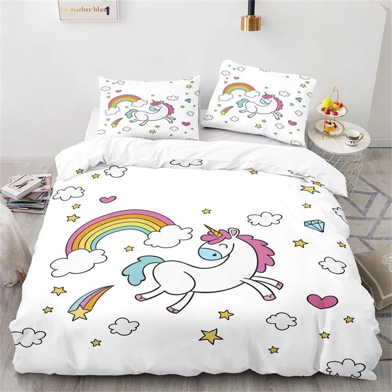 Unicorn Duvet Cover Pink Cartoon Unicorn Animals Romantic Theme Polyester ValentineS Day Gift For Children Girls Boy Room Decor