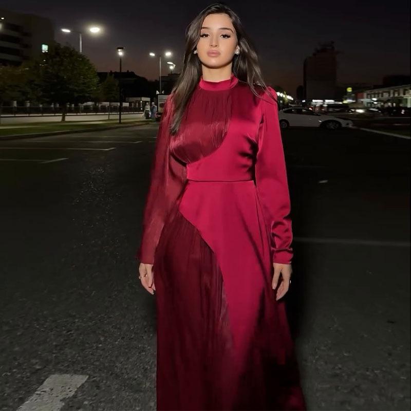 2024 Autumn/Winter Women's European Retro Color Block Slimming Long Sleeve Evening Dress