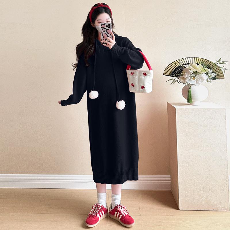 2026 Winter Korean Fashion Slimming Maternity Knit Dress with Wool, Anti-aging, Hanging Ball Detail - Perfect for New Year s Eve 2XL чёрный