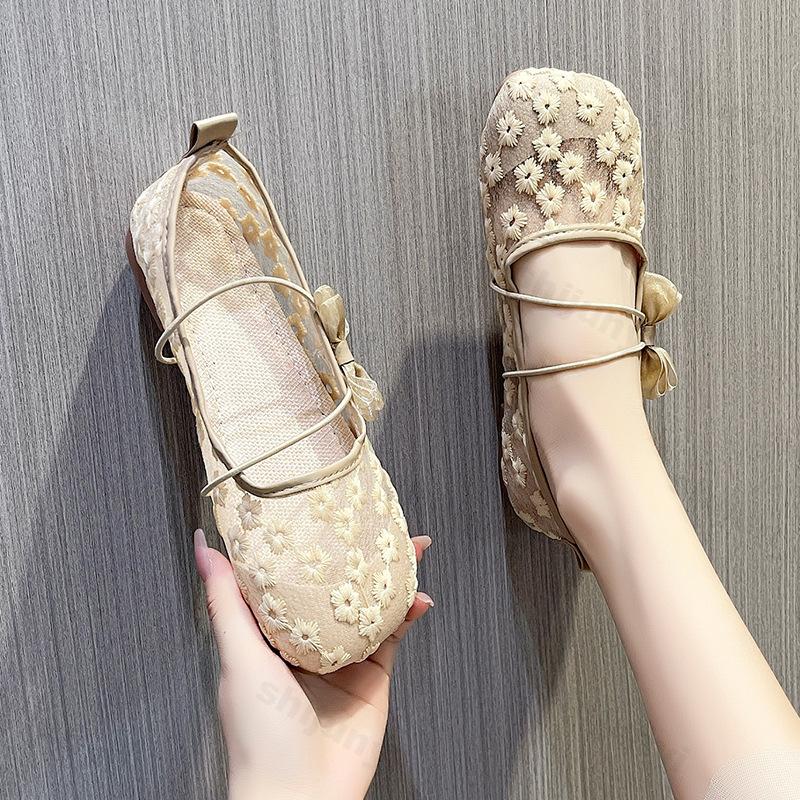Fashion Women's Flats Shoes 2025 New Summer Lace Embroidered Mesh Shoes Mary Jane Breathable Comfortable Ladies Outdoor Leisure Shoes