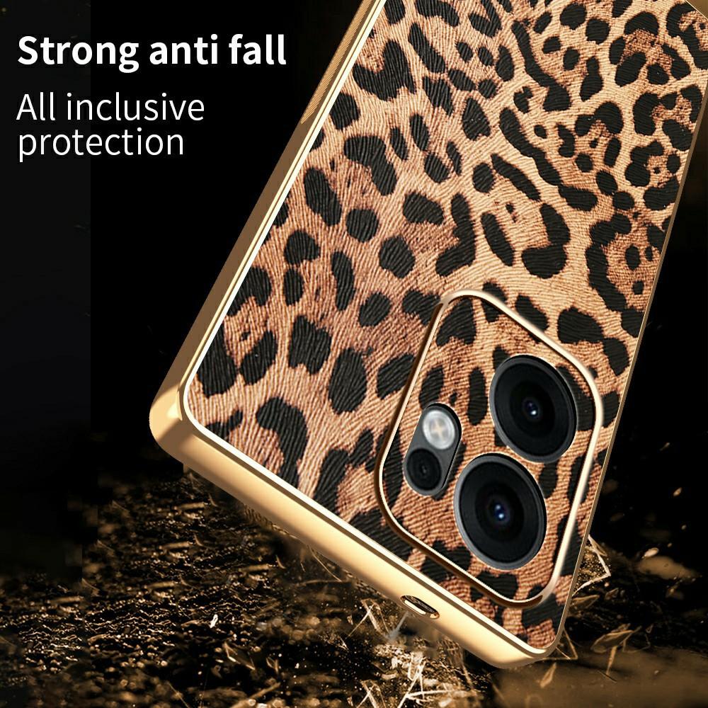 Phone Case For Oppo Reno13 F 4G/5G/Reno13 FS 5G Leopard Print PU Leather Coated PC+TPU Electroplating Cover