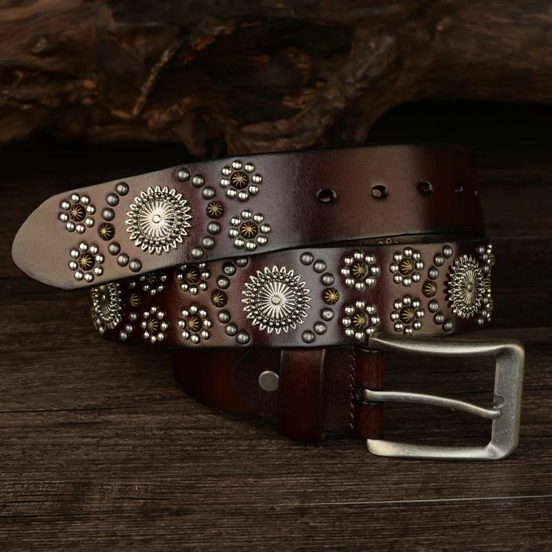 

3.8cm Men100% Real Leather Pin Belt Male Black Rock Genuine Leather Cowhide Luxury Punk Rivet Belt Jeans High Quality 125cm кавовий