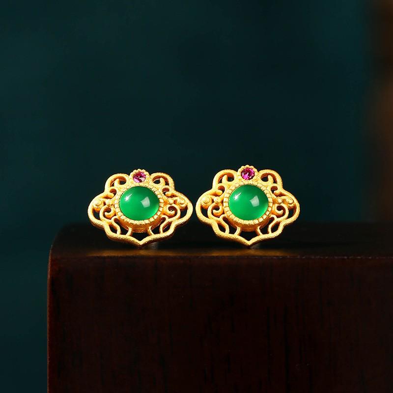 

2023 Ретро Ханфу Серьги-подвески в нефритовом стиле с замком мира Жуи и полым узором Electroplated 24K Gold