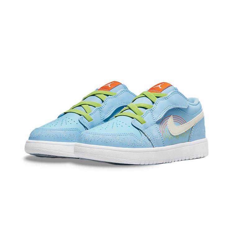 Air Jordan 1 Low SE PS Blue Stitch Kids Sneakers Psychic-Blue Vivid-Green Safety-Orange DR9500-400