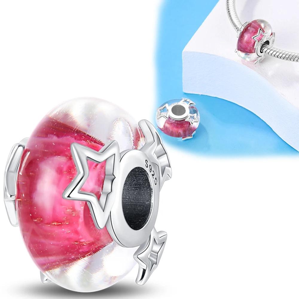 Original Rosa Glasperlen Blaue Romantische Perlen 925 Silber Charms für Frauen DIY Schmuckherstellung Armband Passend