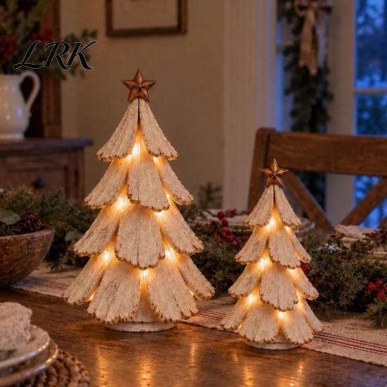 Retro Style Xmas Ornaments Vintage Lighted Christmas Tree Figurine, Glowing Tabletop Centerpiece with LED Mini for Shelf Light, Holiday Winter