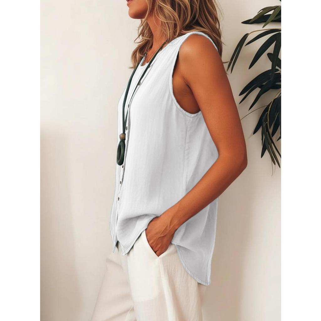 Dames mouwloos knoophemd, zijkant, enkelzijdig gesloten, los vest, bohemien stijl, casual top