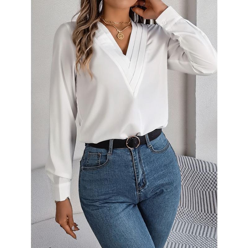 Women's Fall and Winter Elegant Solid Color Layered V-neck Long-sleeved Shirt