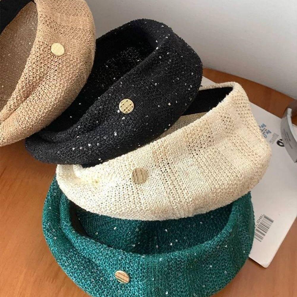 Paillette Sequin Beret Hat Hollowed Out Crochet Knitted Cap Cute Weave Hat Women