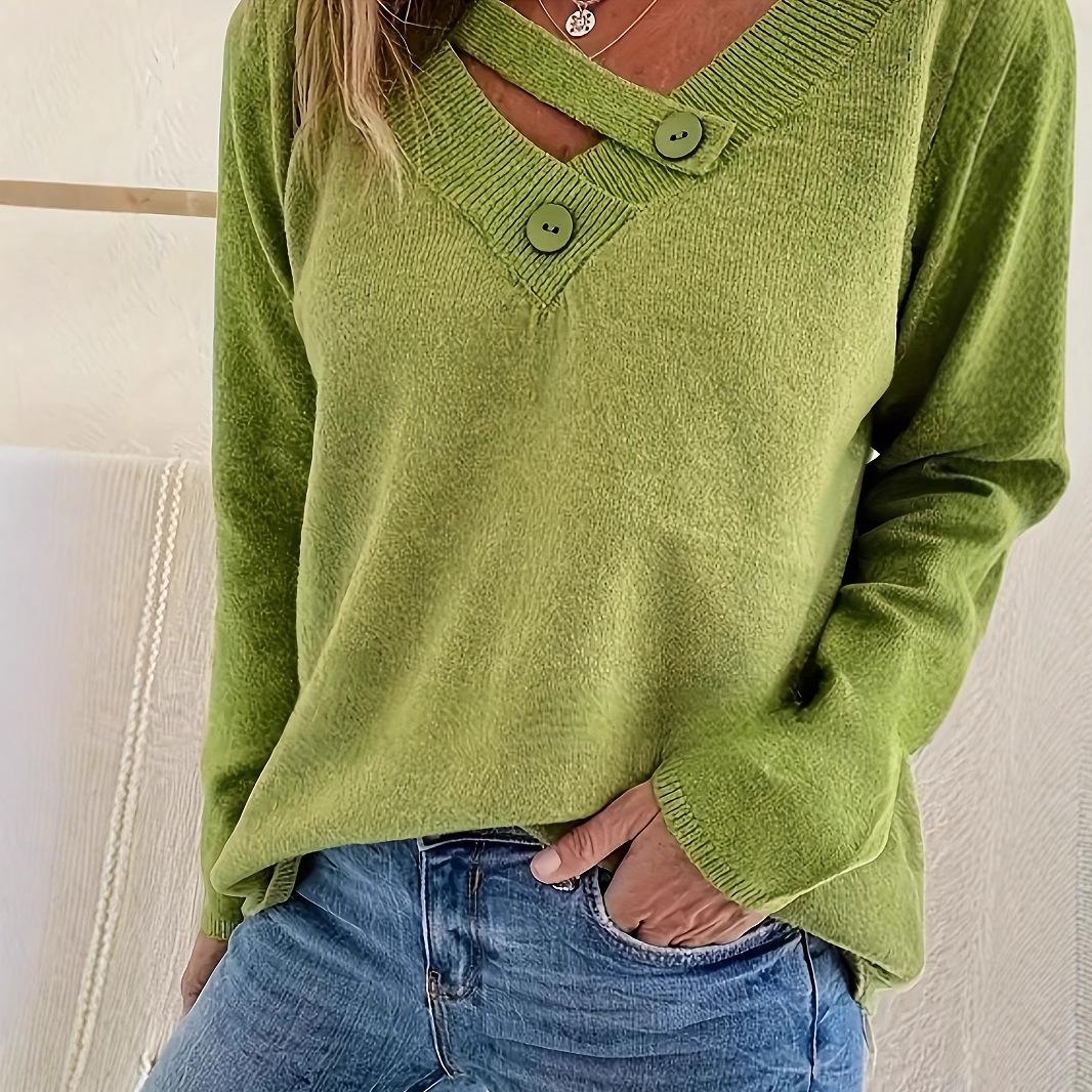 Elegant Women s V-neck Sweater with Diagonal Button Detail - Long-sleeved, Commuter Style L