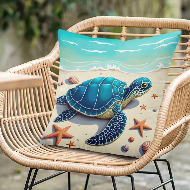 1Pc Sea Turtle Beach Starfish Print Throw Pillow Cover,Suitable For Sofa,Bedroom,Living Room,A Fresh Gift For Ocean Lovers
