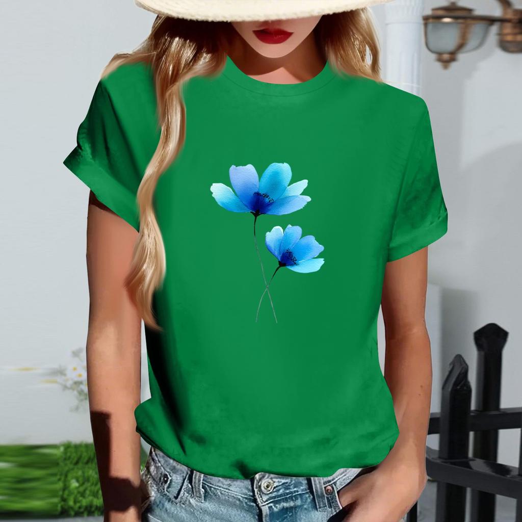 Damen Modisches Rundhals Casual Retro Print Kurzarm T-Shirt Top