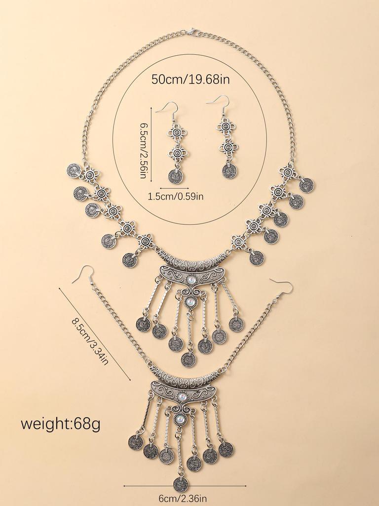 Retro Ethnic Miao Tassel Coin Jewelry Set: Necklace, Forehead Chain, Earrings for Women
