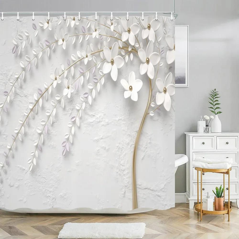 Elegant Bouquet Of Fantastic White Flowers 3D Style Shower Curtain Bathroom Curtain With Bath Rug Carpet Set Floral Home Decor