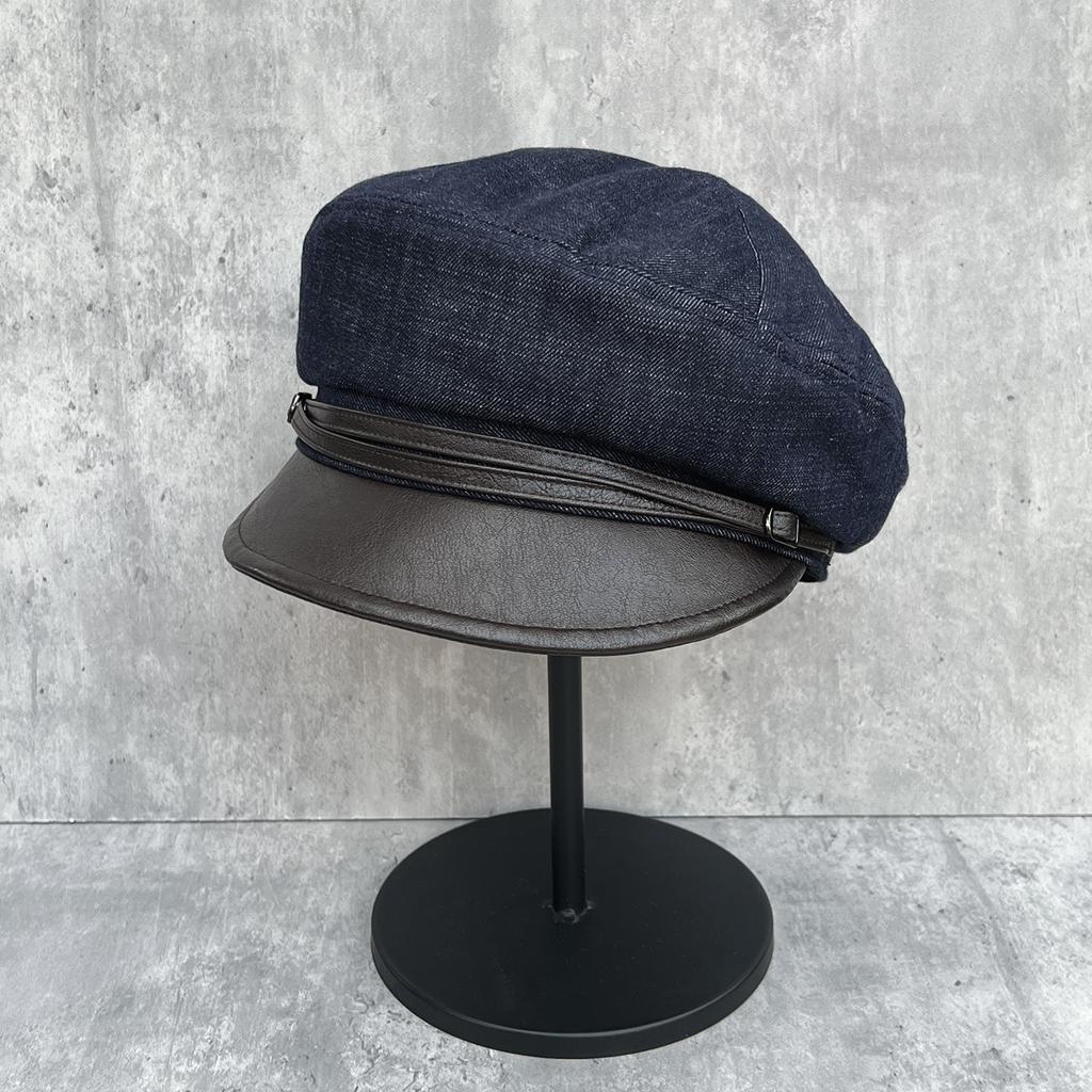 Stylish and Temperamental Leather Brim Splicing Octagonal Hat Female Face Small Versatile Newsboy Hat Double Belt Buckle Wide Brim Cloud Hat