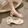 Casual Simple Solid Color Square Head Open-toed Women's Sandals Summer New One-word Buckle Strap Square Heel Fashion High Heels